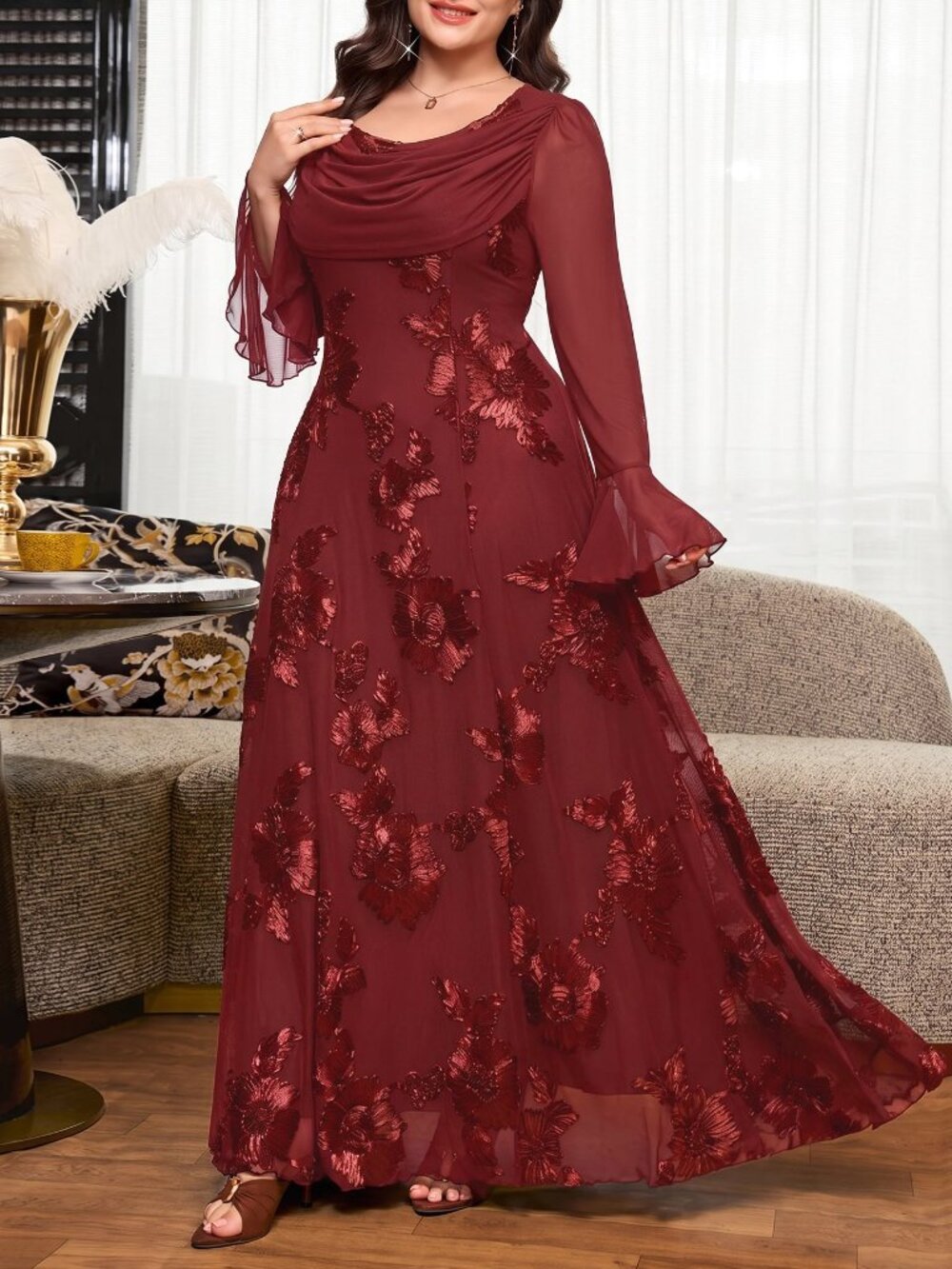 Burgundy Elegant Women's Plus Size Jacquard Casual Party Dress - Picture 5 of 10